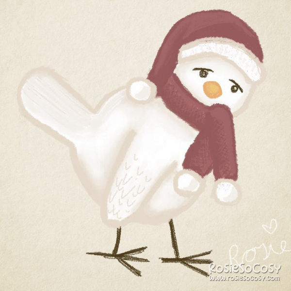 A white/creamy bird with a red winter hat and matching red scarf. Both the hat and scarf have creamy white pompoms on top and at the very ends. The bird is looking sideways at the camera. It is looking rather sad. The bird has an orange beak and dark brown legs/feet. The background is a creamy/beige paper.