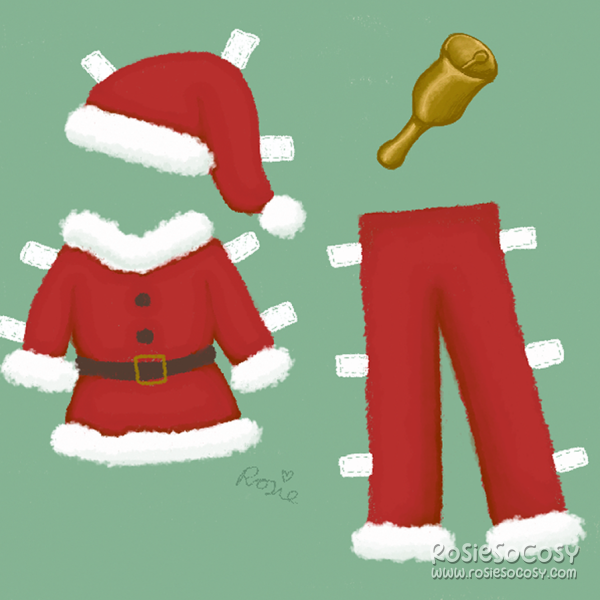 Santa Outfit for a Paper Doll. It's a red Santa hat, Santa top and Santa trousers, all with little paper flaps to fold over a paper doll, which is not in the picture. Top right is a bell which Santa uses to ring.