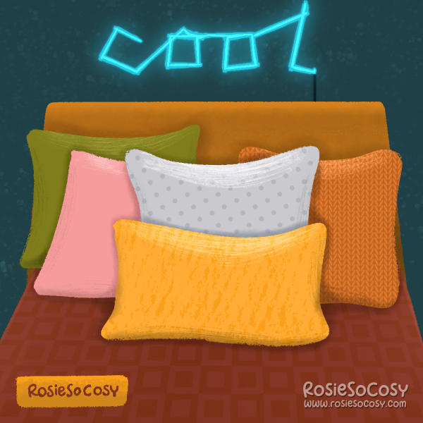 An illustration of a bed with 5 pillows, one olive green, one orange, one light grey, one light pink and onetellow. The bed’s headboard is orange as well.The bedding is reddish brown and has a subtle geometric pattern. The walls are petrol blue and there’s a big neon sign above the bed that says “cool”