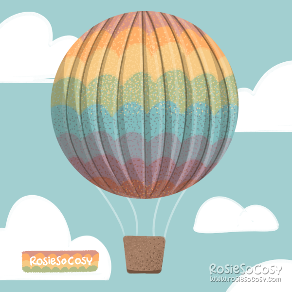 Illustration of a big round hot air balloon with a rainbow scallop pattern all over, and a brown basket hanging underneath. The sky is light blue with cute white clouds all over.
