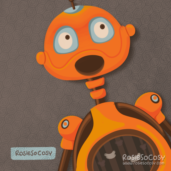 An illustration of a bright orange robot with dark brown and light blue details. You can see inside its body, there are electrical cords of some sort inside. The robot is looking to the upper right corner. The background is a dark brown grey hue.
