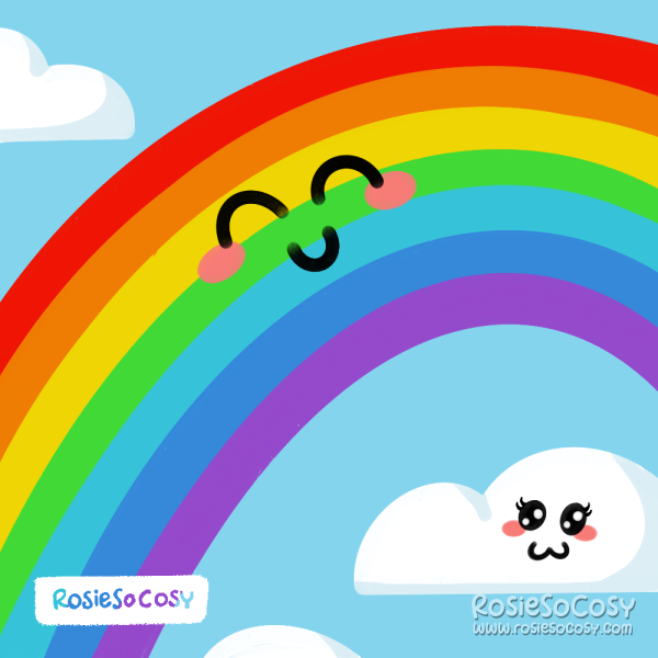 An illustration of a sky with clouds and a huge rainbow. The rainbow and one cloud have kawaii faces and are very happy.