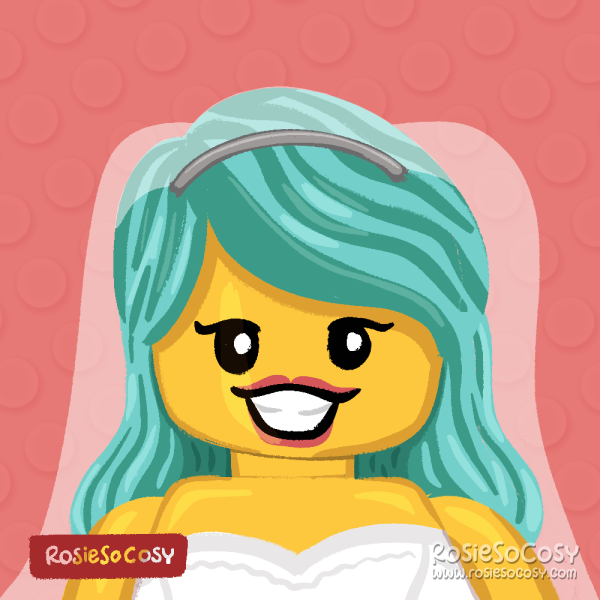 An illustration of a yellow LEGO minifig with seafoam/turquoise hair, wearing a white wedding dress and white semi opaque veil. The minifig has black eyes, black eyeliner and a reddish pink lipstick. She's sporting a big grin.