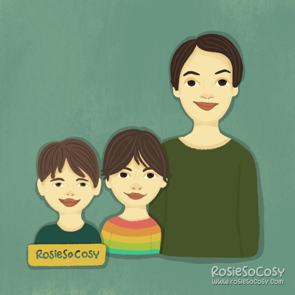 An illustration of three kids, two smaller boys and kne teenager. They all have brown hair. The smallest one is wearing a dark blue/teal sweater, the middle one is wearing a rainbow sweater, and the eldest is wearing a dark olive green shirt.