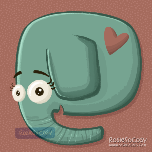 Illustration of a Mastodon inspired sefoam elephant with a dusty pimk heart on its side.