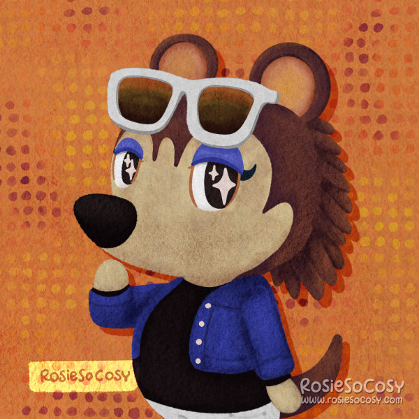 An illustration from Label, from the Able Sisters from Animal Crossing. She is wearing white sunglasses on her head, a black shirt, white jeans and a blue denim jacket.