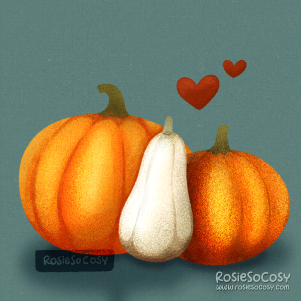 An illustration of pumpkins, three of them, next to each other. Two orange pumpkins and a white gourd in the middle.