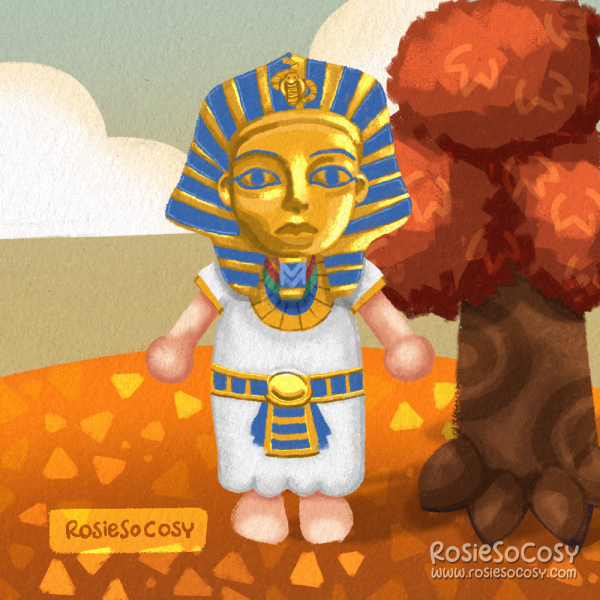 An illustration of a character in Animal Crossing: New Horizons. They are wearing aen Egyptian style oufit, with a King Tut mask. They are standing barefoot next to a reddish brown autumn tree.