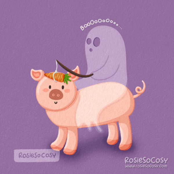 An illustration of a ghost riding a piggy. The ghost is translucent and is holding a carrot on a stick, luring the piggy.