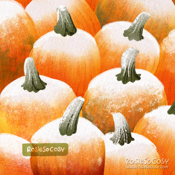 An illustration of a pumpkin patch filled with orange pumpkins, all covered in a layer of frost/snow.