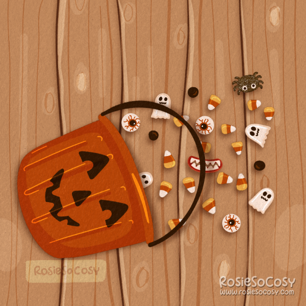 An illustration of an orange Halloween candy bucket on its side, on a wooden floor, with Halloween candy scattered all over the floor next to it. Candy corn, little white ghosts, black spoders, licorice, vampire teeth gummy candy and eyeballs bubblegum.
