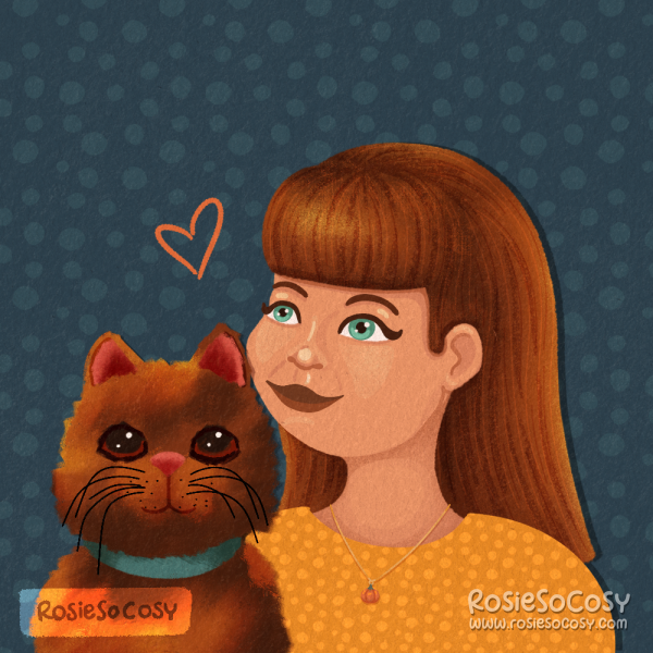 Illustration of a redheaded, ginger woman and her equally ginger shorthair cat. The lady has a yellow jumper and a pumpkin necklace. The cat has a blue collar.
