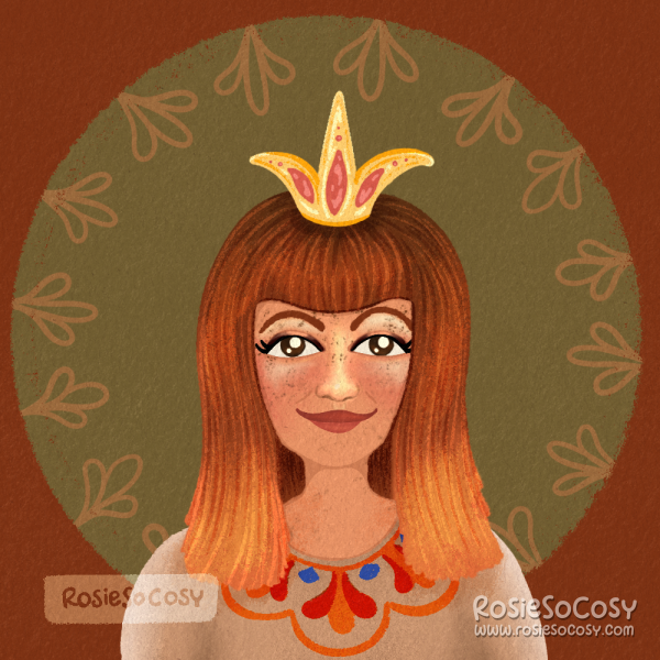 An illustration of a redheaded lady, wearing a crown and a beige shirt with red/orange and blue embroidery. The woman is based on Fauna from Animal Crossing, who wears the same beige shirt in Animal Crossing: New Horizons, and has a similar colouring to the woman’s hair.