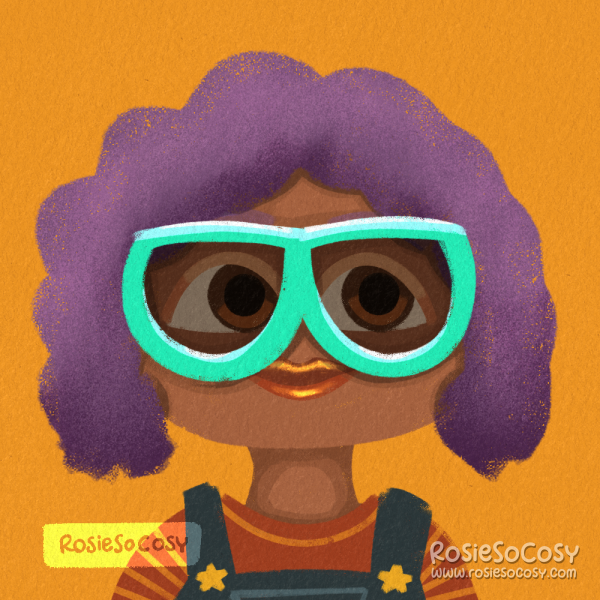 Illustration of a girl with a medium to dark skin tone, with short and wavy  lavender hair. She is wearing a red longsleeve shirt with yellow stripes, and blue denim overalls with yellow starry buttons. And as a finishing touch she is wearing big aqua sunglasses.