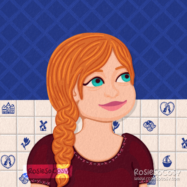 An illustration of a ginger girl with a big braid in her hair. She is sitting in a kitchen with Delftware kitchen tiles.