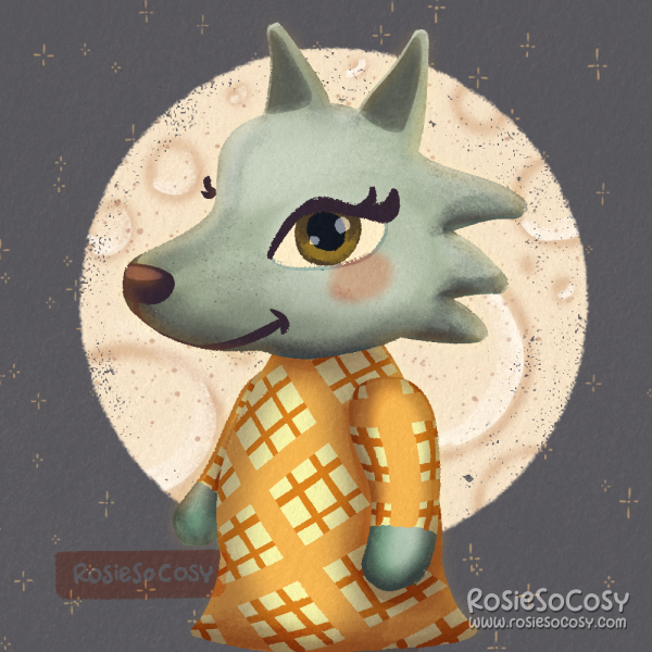 An illustration of a blue grey wolf villager in Animal Crossing. She has olive green eyes, pink cheeks and a yellow plaid dress. Behind her is the moon.