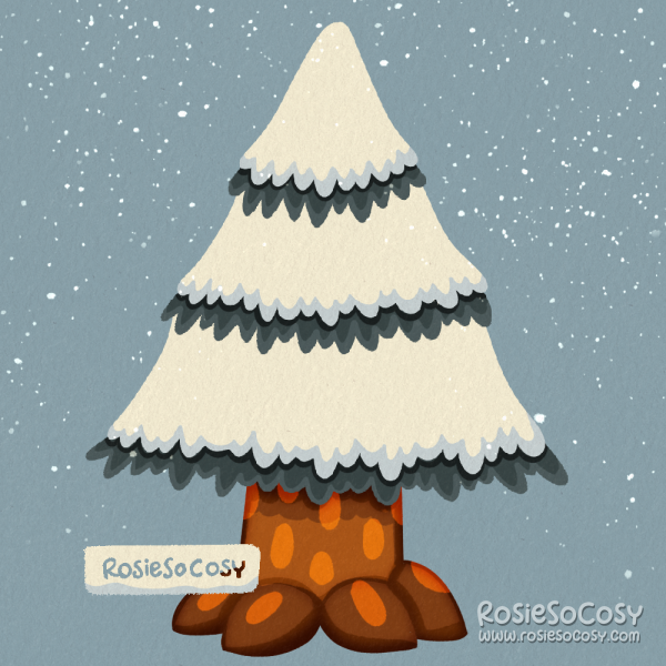 An illustration of a cedar tree in Animal Crossing covered in snow.