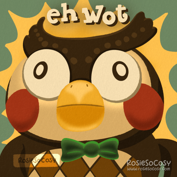 An illustration of Blathers, a browl owl who works in the museum in Animal Crossing. “eh wot” is written above him, which is one of his sayings.