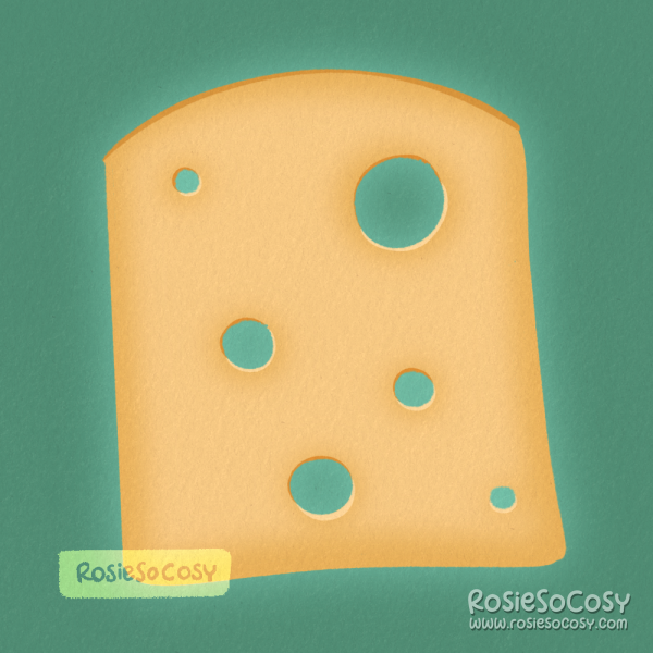 Illustration of a yellow slice of cheese with holes in it.