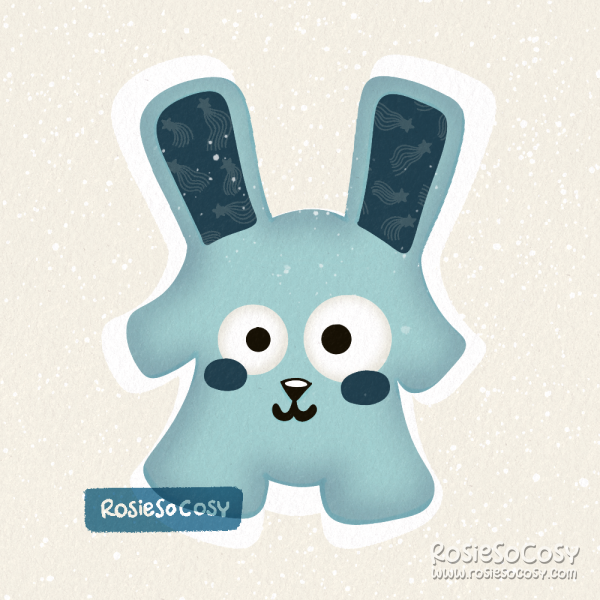 An illustration of a medium blue Freezer Bunny with dark blue ears and cheeks.