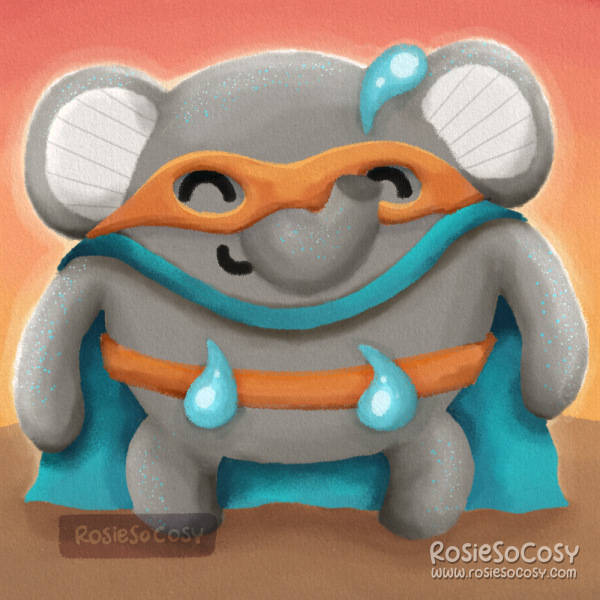 Illustration of a super hero elephant, wearing a blue cape, an orange mask, as well as an orange belt with blue water droplets.