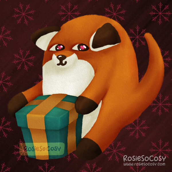 Illustration of a chonky orange fox, holding a teal and ochre present in its paws. The fox has pink hearts in its eyes, indicating a love for the gift it's holding.
