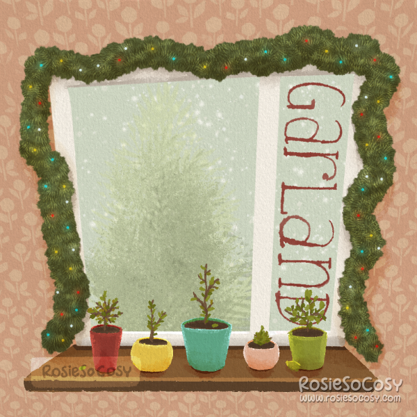 Illustration of a Christmas garland, hanging around the kitchen window. There are a few potted plants in the window sill. The garland is covered in colourful twinkling lights. Outside you can see a faint undecorated fir tree.