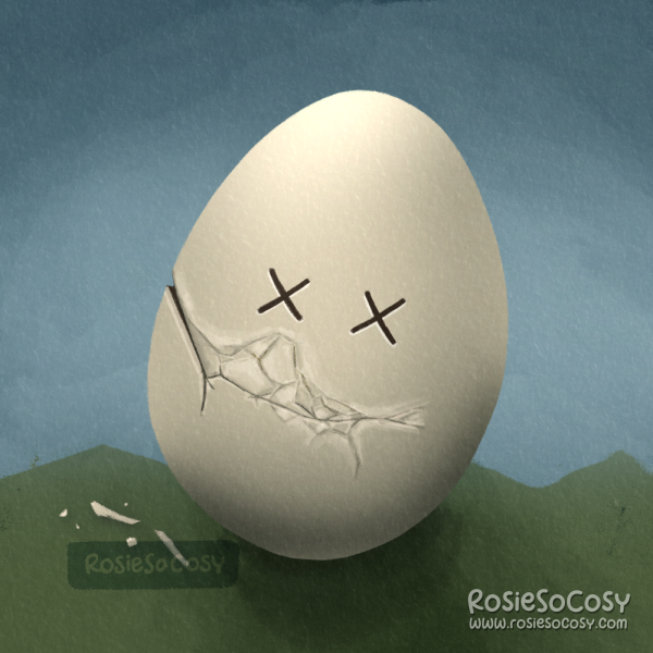 Illustration of a cream coloured egg, with cracks through the middle, and a dead facial expression.