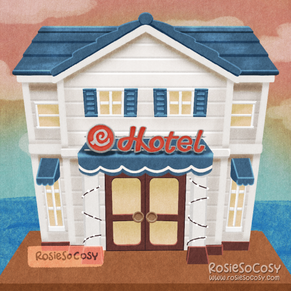 An illustration of the new hotel in Animal Crossing: New Horizons, specifically from the 3.0 update.