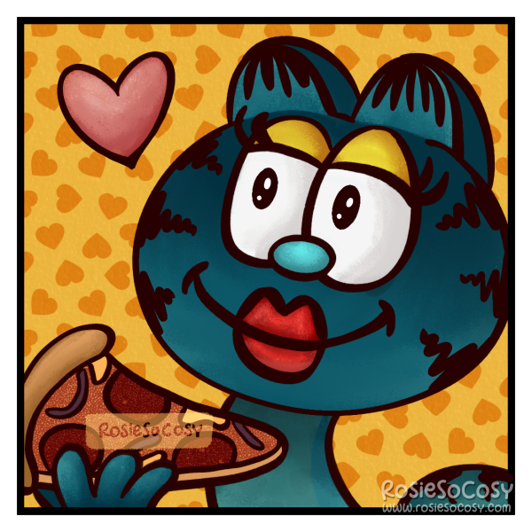 A female cat in Garfield cartoon style. The cat is teal, with black stripes, she has yellow eyelids and red lips. She is holding a slice of pepperoni pizza and is visibly in love with the pizza.
