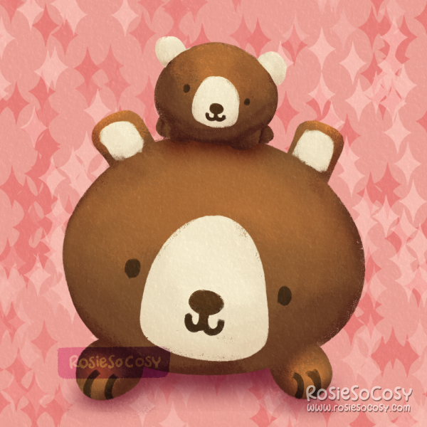 Illustration of a caramel brown mama bear with a baby bear on her back.