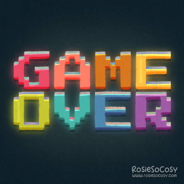 Illustration of the pixel text GAME OVER, in rainbow colours and with a weird 3D like effect.