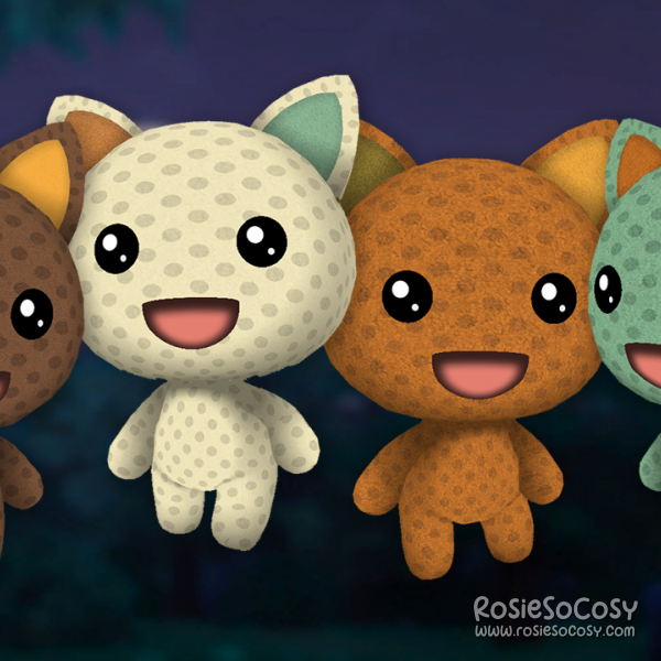 RosieSoCosy Dots Skin Pack for Cats - 4 cat skins for Garden Paws. From left to right: a dark brown cat with a dotted pattern, one ear is seafoam, the other is yellow. Next is a creamy cat with a dotted pattern, one ear orange and the other seafoam. Third is an orange brown cat with a dotted pattern. One ear is green, the other is yellow. And finally a seafoam cat with a dotted pattern. One ear is orange, the other is dark brown.