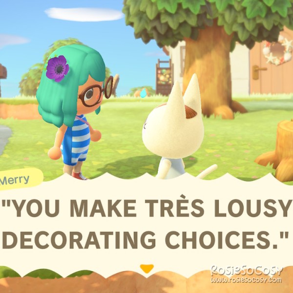 Rosie's main character in Animal Crossing: New Horizons has seafoam hair, a purple windflower in it, is wearing a blue and white striped wetstuit and blue shoes. She is wearing dark brown round glasses and she has a light to medium skin colour. Sh is talking to Merry the villager. Merry is a cream coloured cat with brown details. She is wearing a grey tank top and is standing with her side/back to the camera. It's around 4pm in the afternoon, the grass and trees are green.