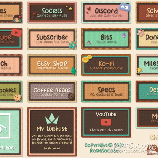 Illustrated panels with text and icons for the RosieSoCosy Twitch channel.
