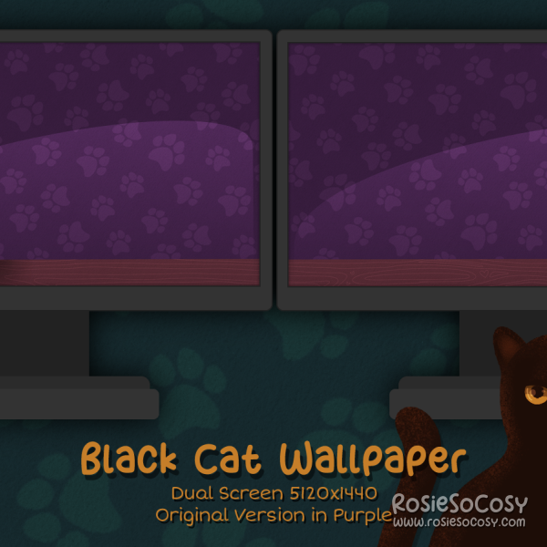 "Salem" Black Cat. Dual Screen Wallpaper (5120x1440). Original Version. Purple Background. Created by RosieSoCosy aka Rosana Kooymans 