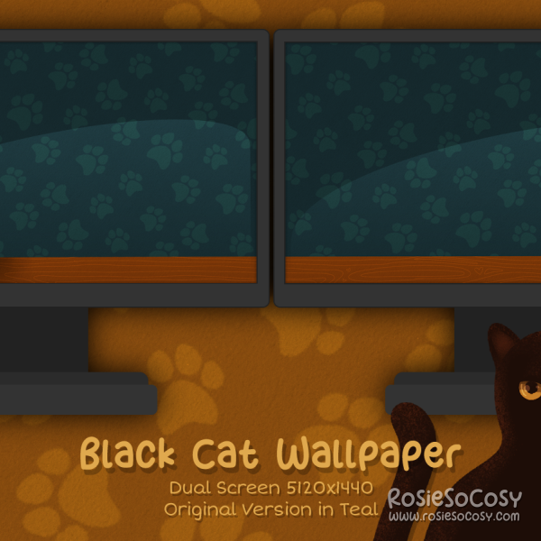 "Salem" Black Cat. Dual Screen Wallpaper (5120x1440). Original Version. Teal Background. Created by RosieSoCosy aka Rosana Kooymans 