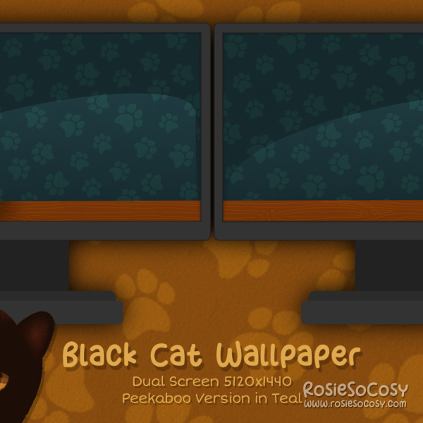 "Salem" Peekaboo Black Cat. Dual Screen Wallpaper (5120x1440). Peekaboo Version. Teal Background. Created by RosieSoCosy aka Rosana Kooymans 