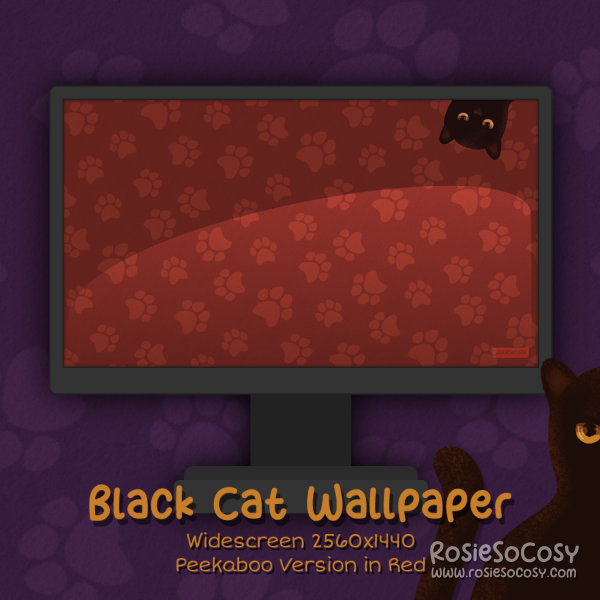 "Salem" Peekaboo Black Cat. Widescreen Wallpaper (2560x1440). Peekaboo Version. Red Background. Created by RosieSoCosy aka Rosana Kooymans 