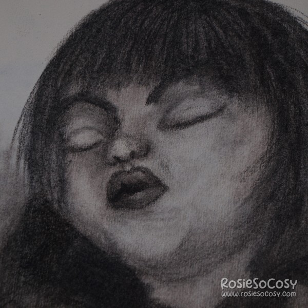 Charcoal drawing of a little boy (toddler age) sleeping with his eyes closed. His head is tilted backwards.