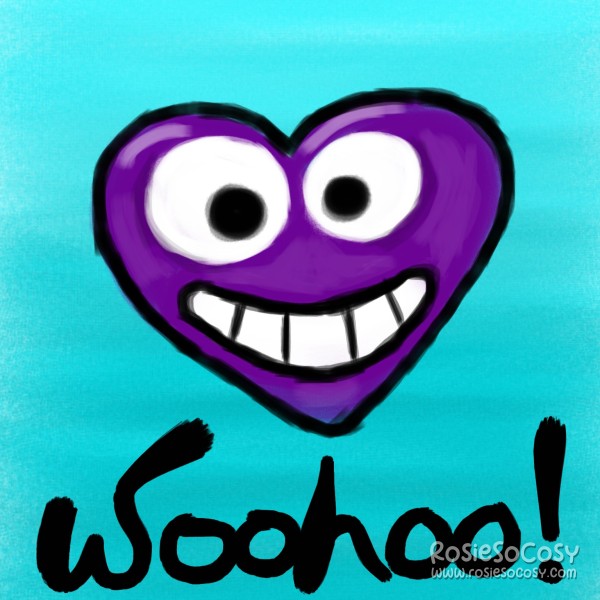 Classic woohoo heart from The Sims 2. The heart is purple, with two googly eyes and a wide grin. Underneath the heart is the text Woohoo! And the background is aqua, with a slight gradient going from light to dark.