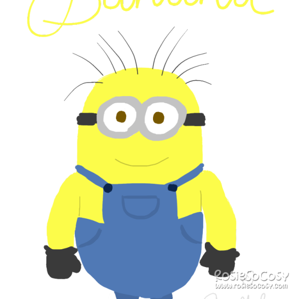 A big yellow Minion. The minion is wearing blue overalls, black gloves and black boots, and the typical metal glasses. There are some black hairs sticking out of its otherwise bald head. The minion has a faint smile and above it, it says "Banana"
