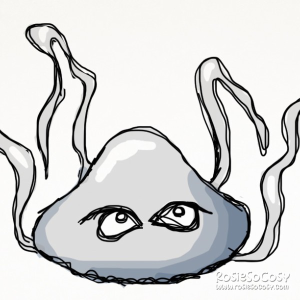 This is inspired by Lispel. An anrgy looking jellyfish from Alfred J Kwak. This quick sketch jellyfish version only has four arms instead of his usual five arms. He's also a light grey when the actual character is a darker grey.