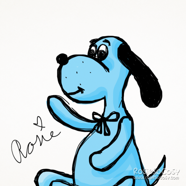 It's a blue dog with long black ears. The dog is waving at the camera. The dog has a small black ribbon in his neck.