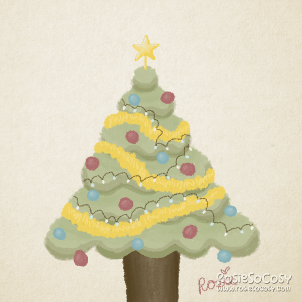 A triangular shaped green Christmas tree with a dark brown base which looks like a bucket. The tree is a pastel green colour. There are yellow fluffy garlands all over the tree, as well as red and blue baubles. White and light blue string lights are wrapped around the christmas tree as well. At the very top of the tree is a yellow star topper. The background is a beige paper texture.
