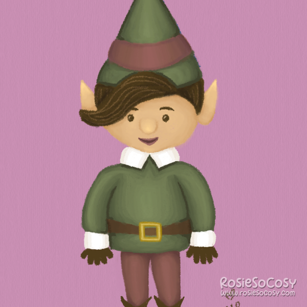 A Christmas elf standing with their arms on each side of the body. The Elf is wearing a dark green pointy hat with a plum/reddish border around it. Furthermore they have a green jumper/tunic with a brown belt over it, and a button up shirt of which you can see the collar and sleeves underneath. The pants are the same plum/reddish colour as the accent in the hat. The shoes are typical with the front curling upwards. The elf is also wearing black gloves. Finally, the elf has brown short pixie hair.