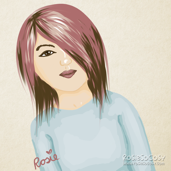 Random drawing of a girl with medium pink hair, with dark brown roots and ends. She has a round head, brown eyes and pink lips. She has a light skin tone and a winged eyeliner. She's wearing a light blue long sleeved top.