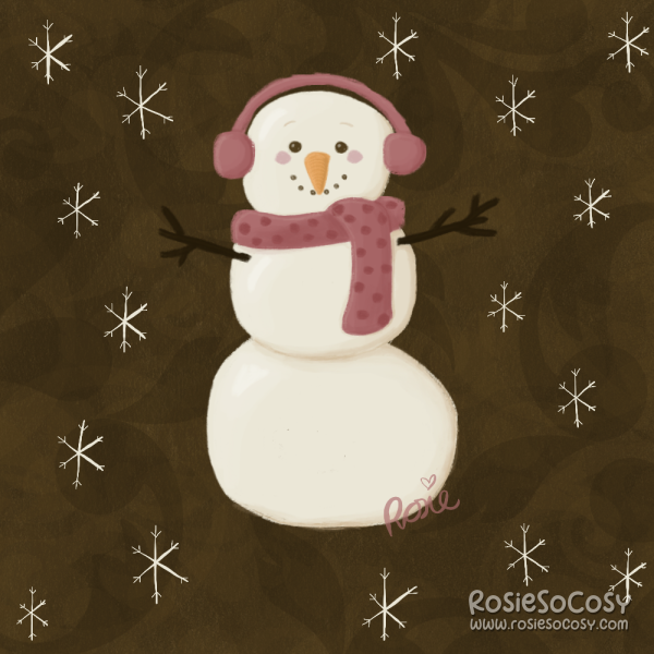 A creamy white snowman with a muted red dotted scarf and matching earmuffs. His arms are dark brown sticks, his nose is an orange carrot and he has rosy cheeks. All around the snowman are creamy white snowflakes in various sizes. The background is dark brown and there is a swirly pattern in it.