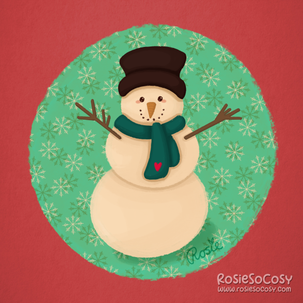 This is the 2022 version of the Snowman illustration. A cream coloured snowman with a teal coloured scarf with a little red heart on it. The snowman has a big top hat. There is a friendly smile on his face, and two arm sticks sticking out of his body. The background is a big mint coloured circle with snowflakes on it. And behind it is a big red background.