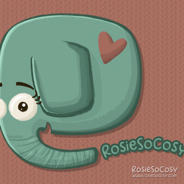 A seafoam coloured elephant with big, friendly, cartoony eyes, with lashes and eyebrows above them. The elephant has a red heart on its side. The elephant is smiling. Its trunk is visually extended by the text RosieSoCosy. The background behind the elephant is a knitted pattern.